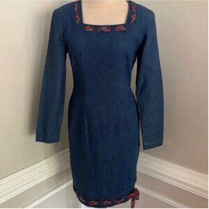 Misty Lane Vintage Denim Dress with Plaid Bow Trim Union Made Size 3/4